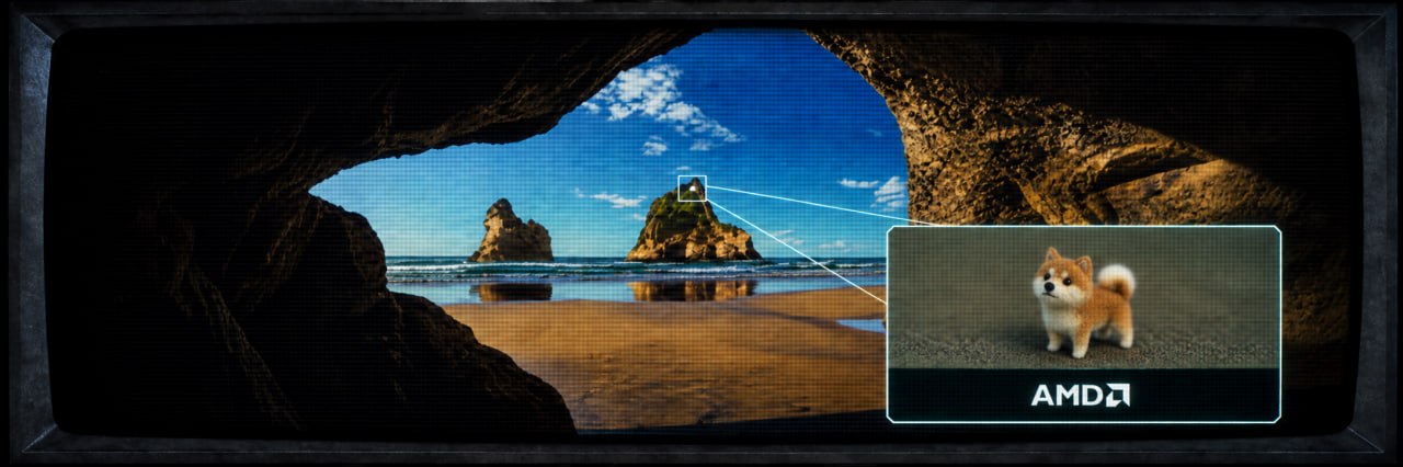 A CRT beach scene zooms into the tiny dog, labeled AMD