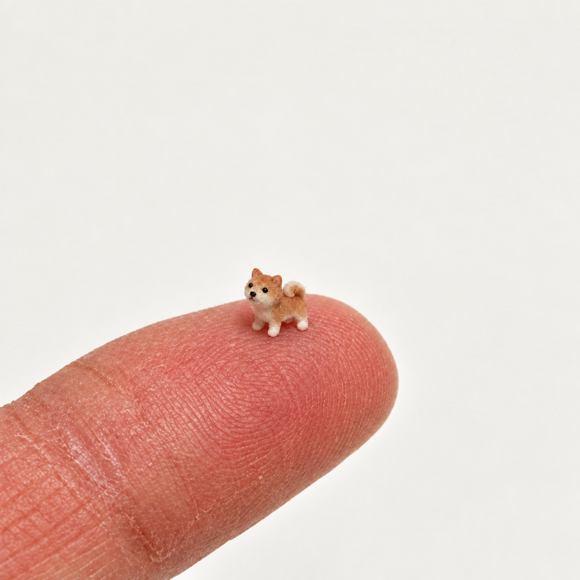 A tiny tan and white miniature dog standing on the tip of a finger